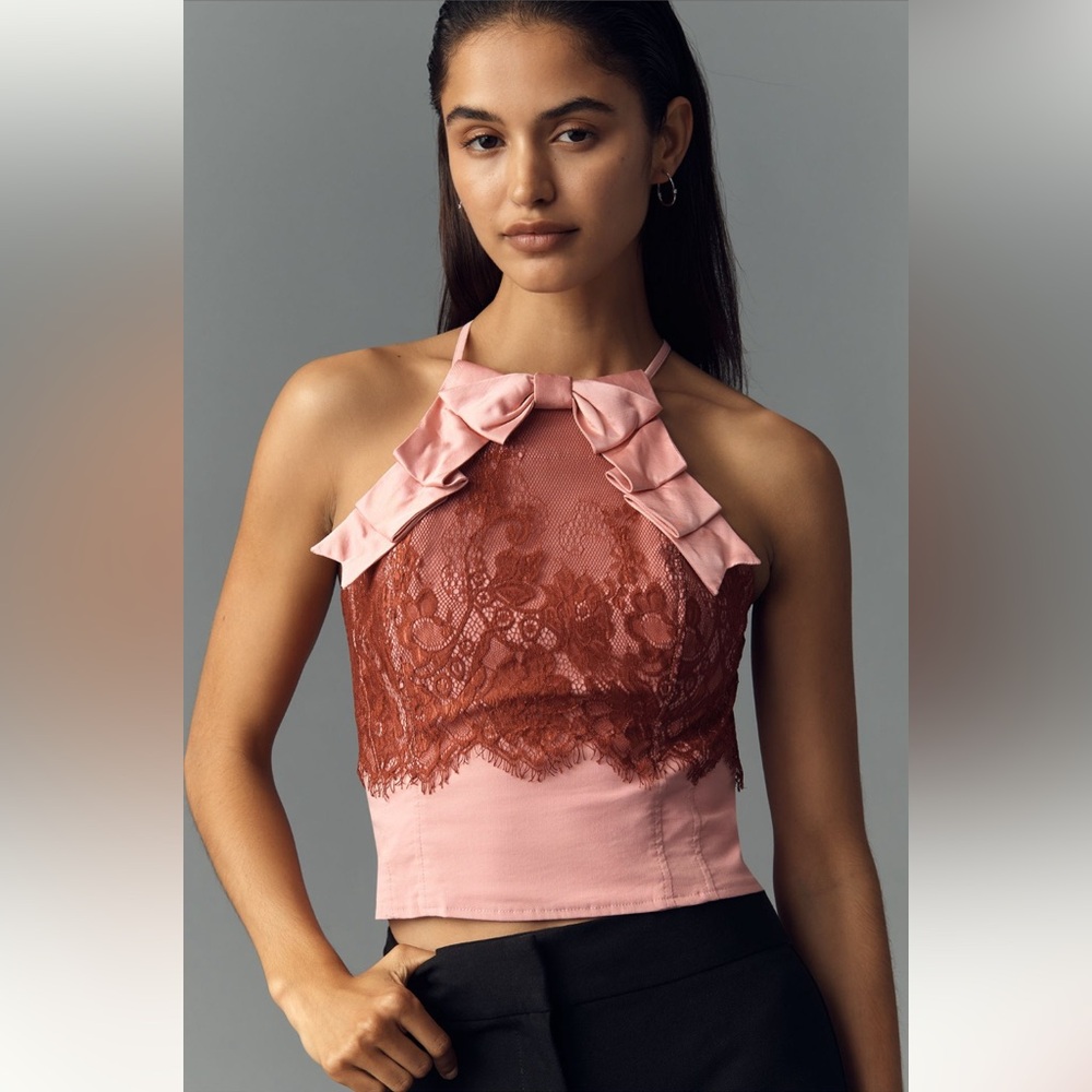 Anthropologie Romantic Coquette Pink Lace Satin Bow Halter Top NWT Size L Dreamy